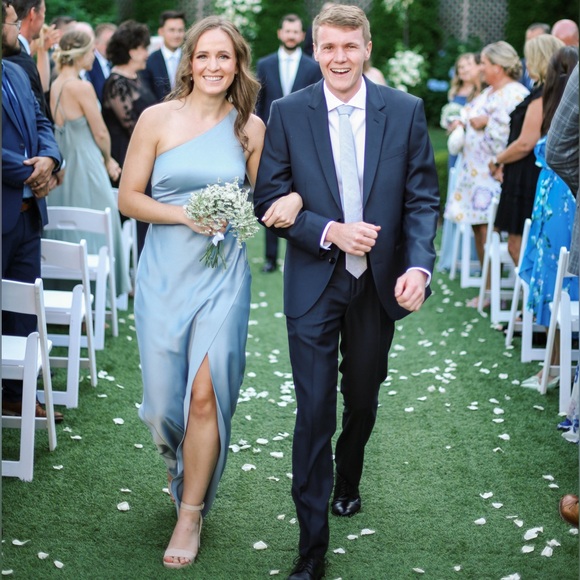 BHLDN Dylan One-Shoulder Satin Side-Slit Gown | Dusty Blue | size 2 - Picture 7 of 8